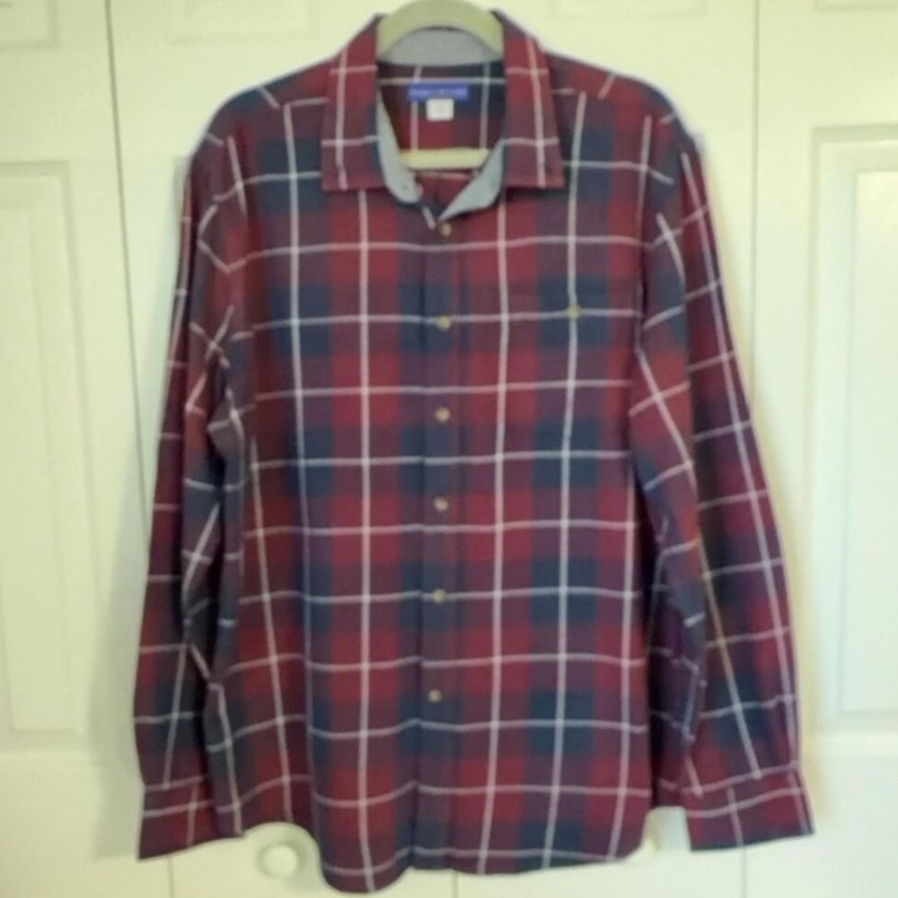 Simply Styled Men XL Red Blue Plaid Cotton Flannel Long Sleeve Button Shirt